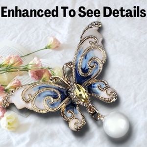 Blue Butterfly Brooch With Enamel, Crystals, Rhinestones, Faux Pearl - NWT
